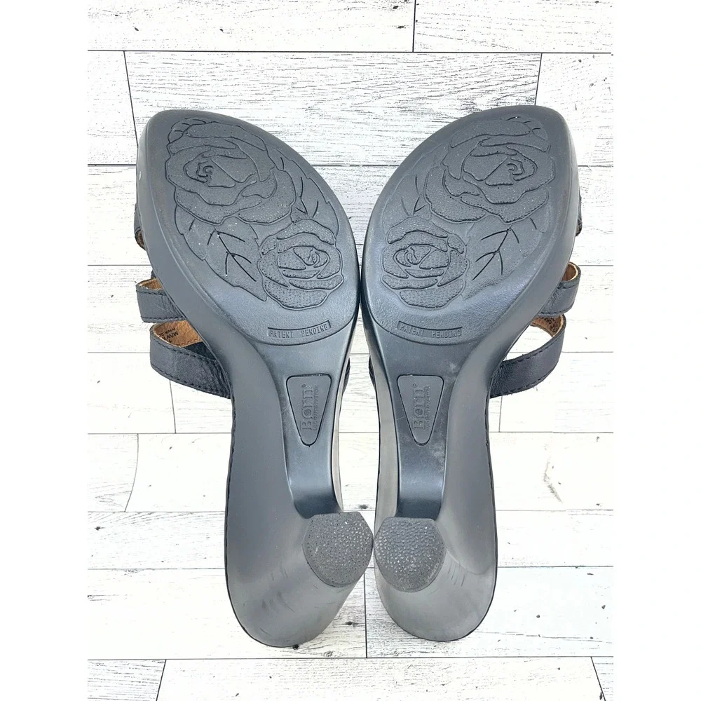 Born Black Leather Wedge Sandals Floral Rosette Slip On Mules Platform Women 10